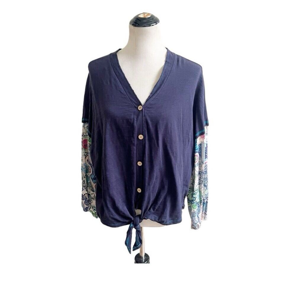 Umgee Flared Multipattern Sleeve Bohemian Top Wooden Button Front V- Neck Size S